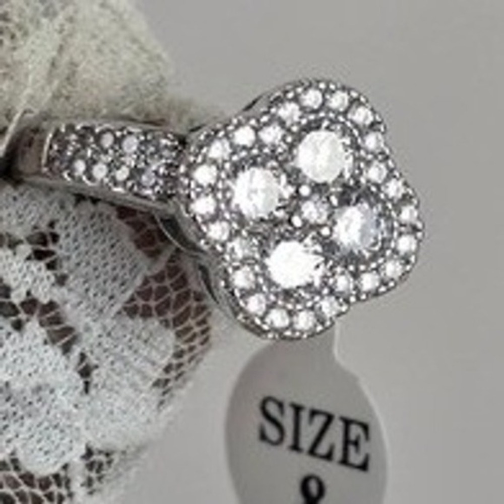 Silver Tone Flower Cluster Cubic Zirconia Statement Ring Size 8
